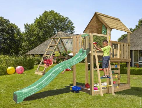 Jungle Cubby | Koka kāpšanas konstrukcija ar šūpolēm & kāpšanas tīklu
