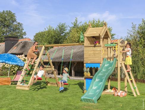 Jungle Resort | Tornis rotaļu mājiņa ar šūpolēm un kāpšanas tīklu